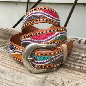 Vintage boho colorful woven abstract leather belt